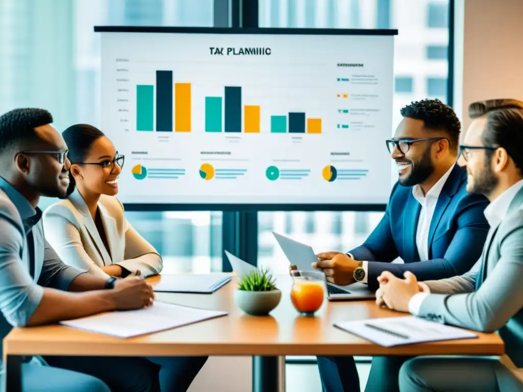Reunión de Fundadores de Startups: Estrategias de Impuestos Grupo diverso de fundadores de startups discutiendo planificación fiscal con determinación
