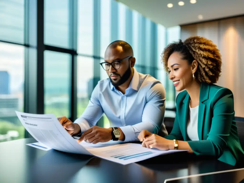 Inversores inmobiliarios estratégicos maximizando beneficios fiscales Un grupo diverso de inversionistas inmobiliarios discute estrategias fiscales mientras revisa documentos en una oficina moderna y luminosa