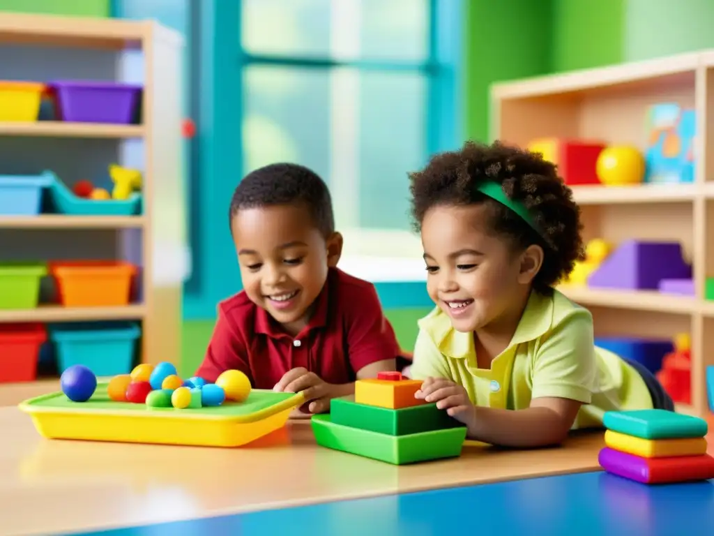 Niños jugando con juguetes educativos: diversión y aprendizaje Grupo diverso de niños jugando con juguetes educativos en un aula moderna y luminosa