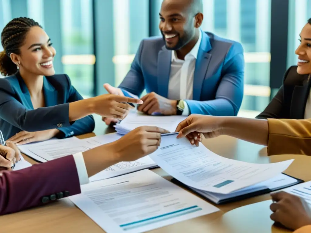 Equipo diverso discute formas de impuestos en oficina moderna Un grupo diverso de personas colabora en una animada discusión alrededor de formularios fiscales en una oficina moderna con luz natural