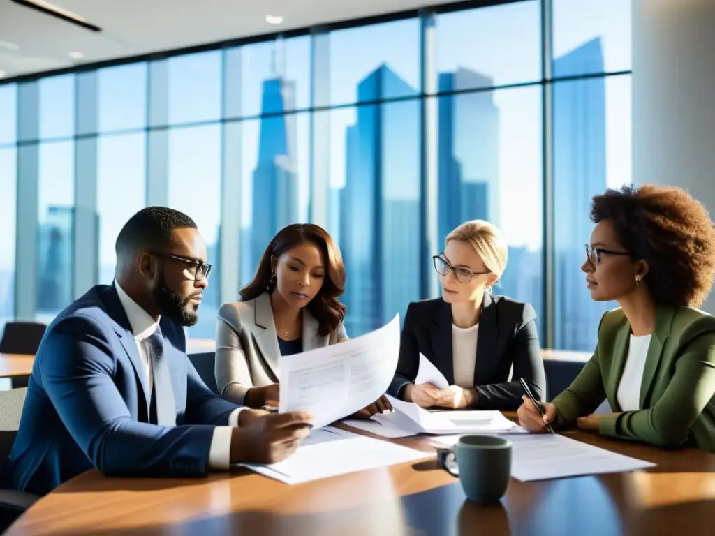 Profesionales debatiendo deducciones fiscales en oficina moderna Un grupo diverso de personas revisa documentos fiscales en una oficina profesional, transmitiendo colaboración y profesionalismo