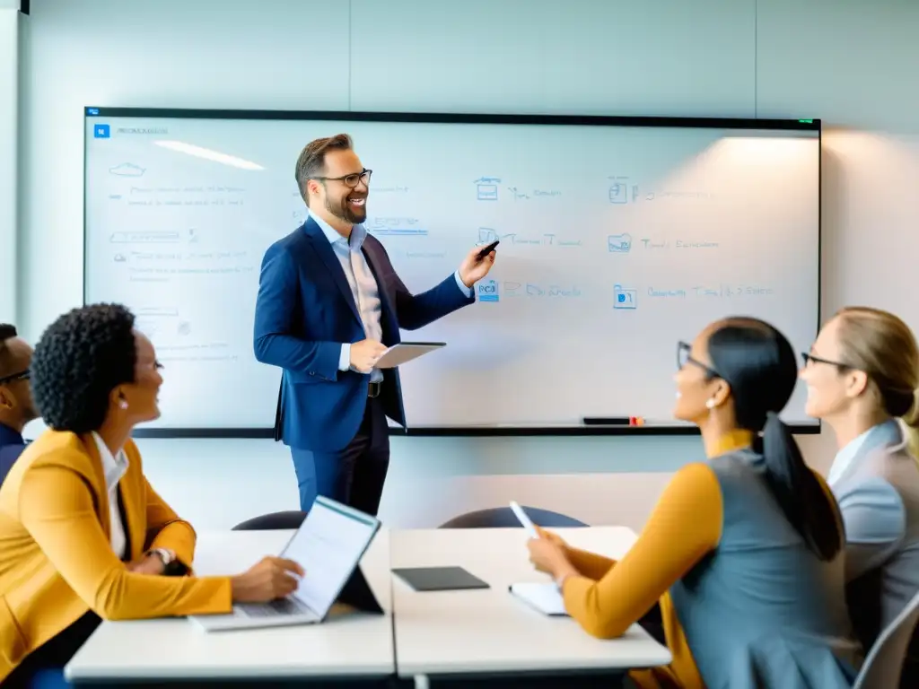 Formación en Impuestos: Interacción Profesional Un grupo diverso de profesionales participa en un animado curso de fiscalidad para no fiscalistas en una moderna aula iluminada