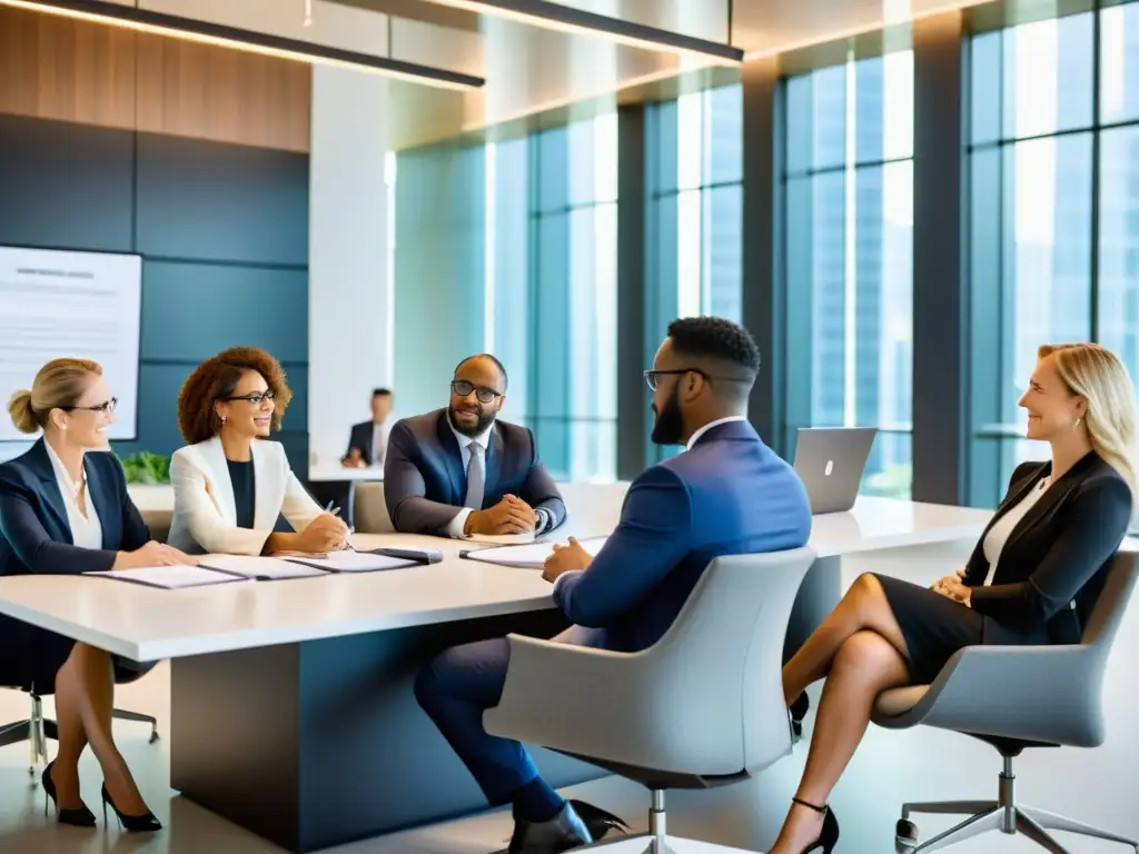 Profesionales colaborando en estrategias fiscales innovadoras Un grupo diverso de profesionales revisa documentos tributarios en una oficina contemporánea, mostrando oportunidades de ahorro en derecho tributario