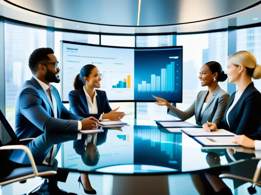 Estrategias de inversión 2023: Profesionales colaborando en sala de juntas Un grupo diverso de profesionales discute estrategias de inversión en una moderna sala de juntas