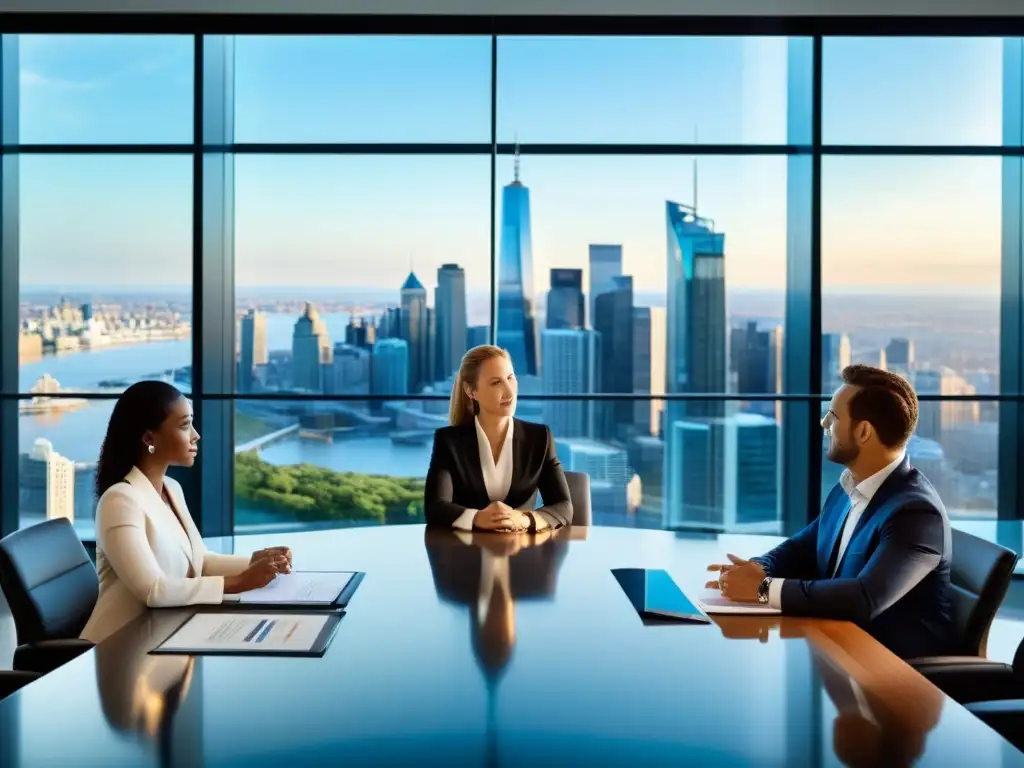 Profesionales discutiendo estrategias financieras en sala de juntas moderna Un grupo diverso de profesionales discute estrategias de inversión en una moderna sala de juntas, con una vista impresionante de la ciudad