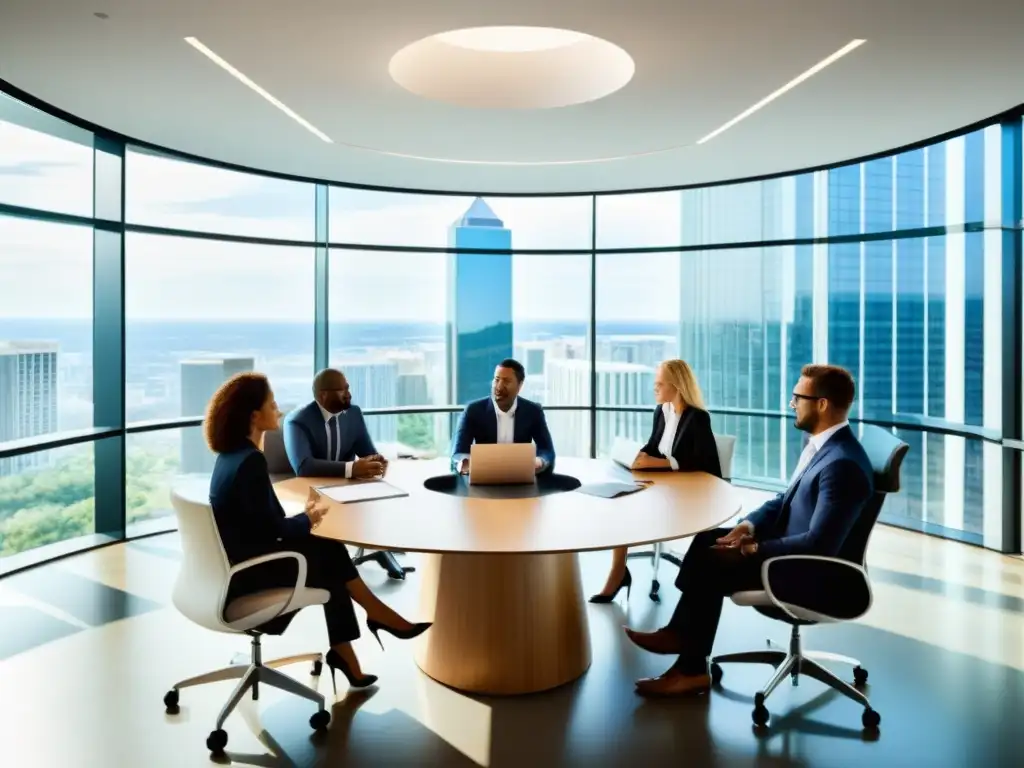 Profesionales dinámicos en sesión de brainstorming Un grupo diverso de profesionales colaborando en estrategias de reducción legal de impuestos en una oficina moderna y luminosa