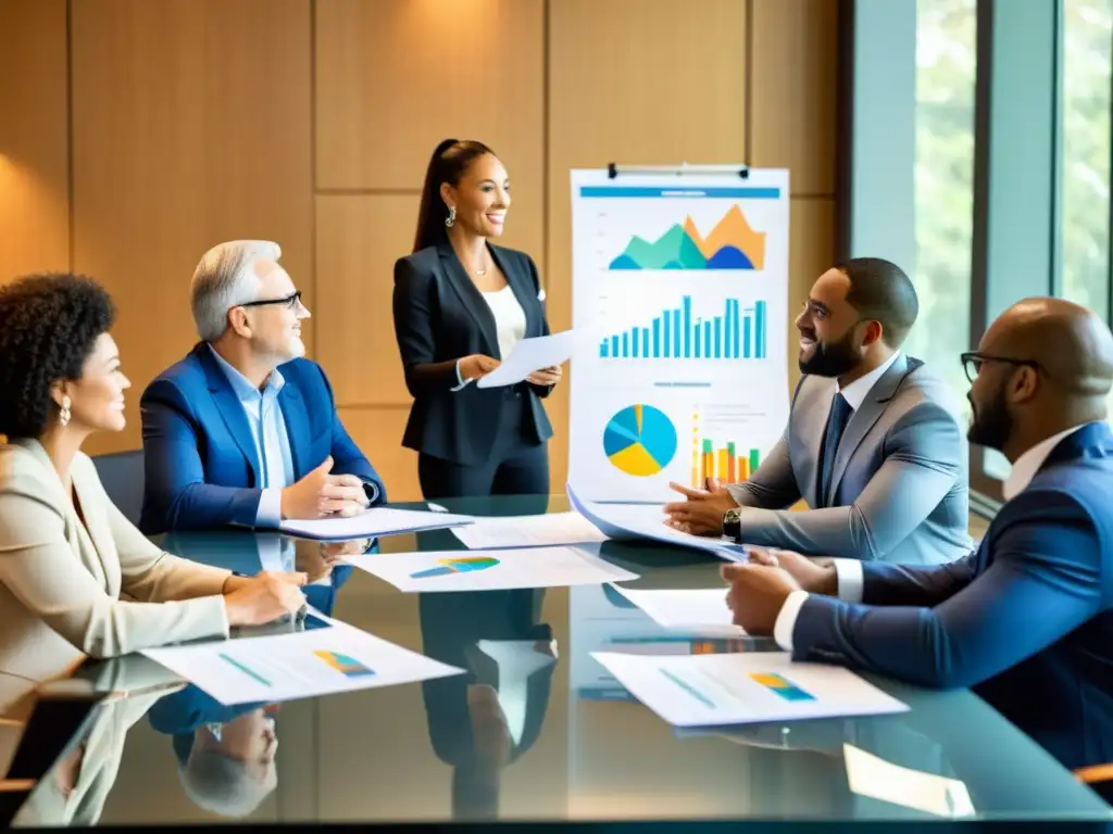 Estrategia financiera y filantrópica: Profesionales colaborando en sesión Un grupo diverso de profesionales financieros y filántropos colaborando en una sesión de planificación estratégica con gráficos y documentos sobre la mesa
