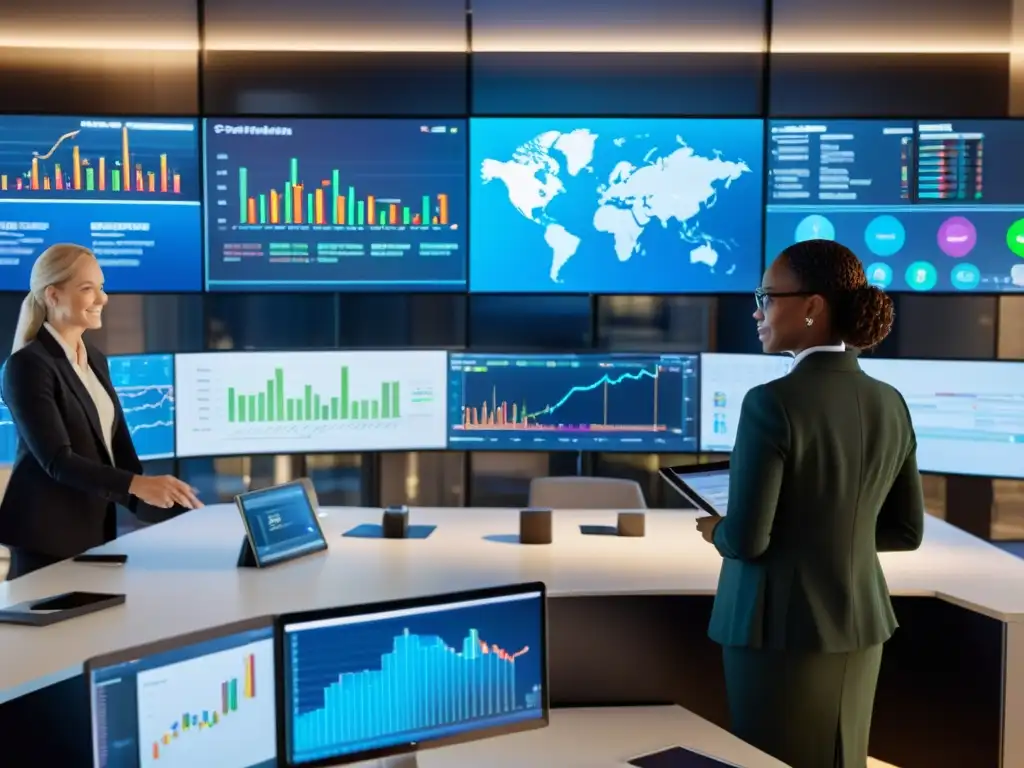 Profesionales financieros innovadores en Colombia Un grupo diverso de profesionales financieros colaborando en una oficina moderna, rodeados de tecnología de vanguardia y pantallas digitales mostrando datos financieros complejos