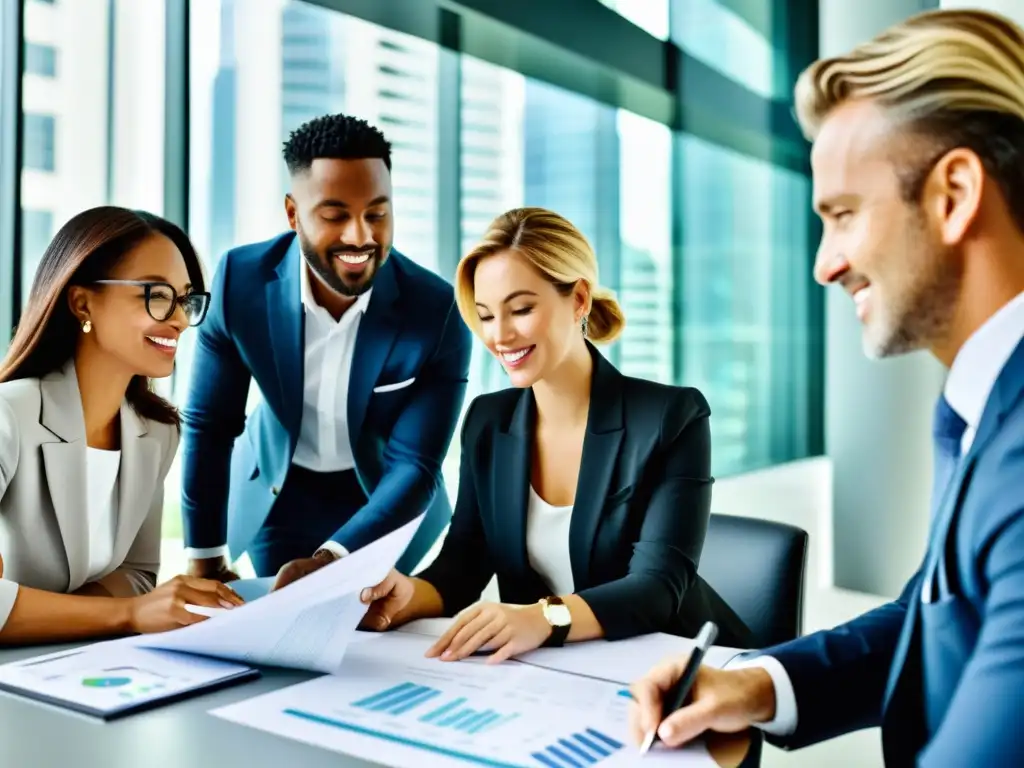 Profesionales inmobiliarios en reunión de alto nivel Un grupo diverso de profesionales inmobiliarios revisa documentos y gráficos, mostrando expertise