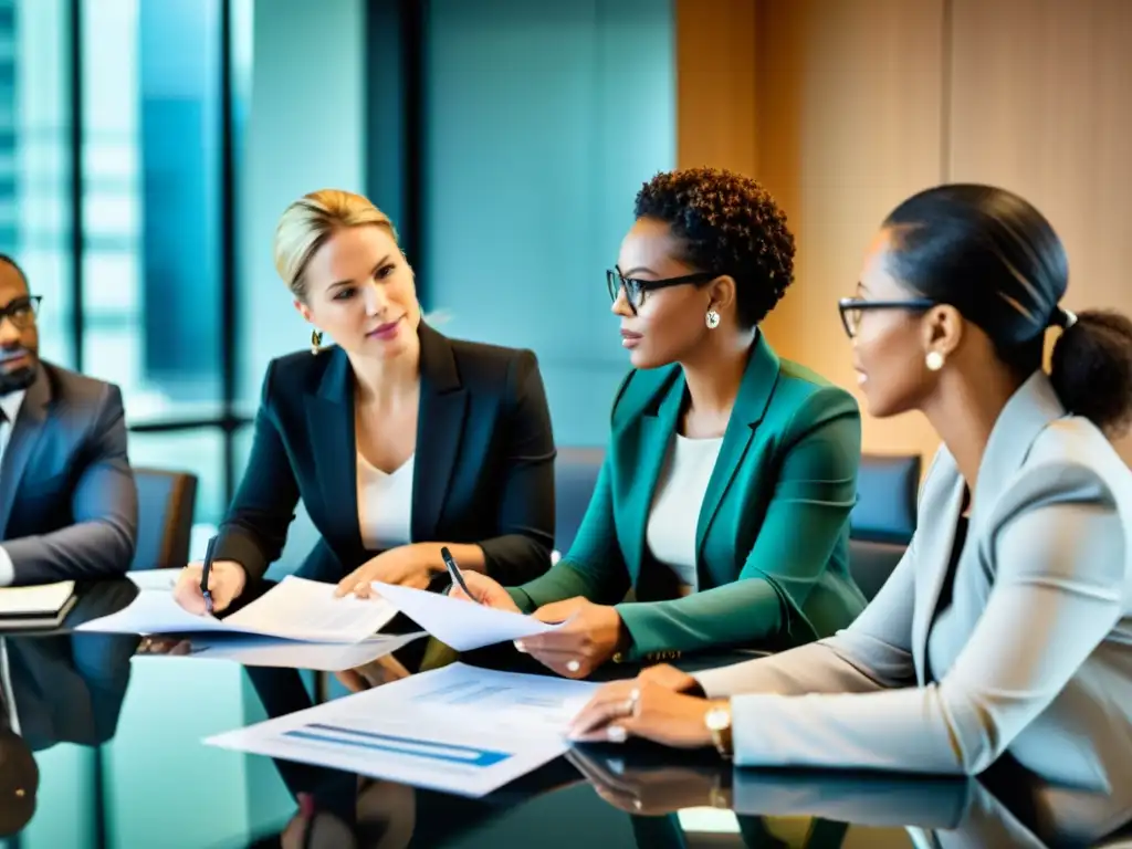 Profesionales legales debatiendo estrategias fiscales Un grupo diverso de profesionales legales discute estrategias fiscales en una sala de juntas bien iluminada y moderna
