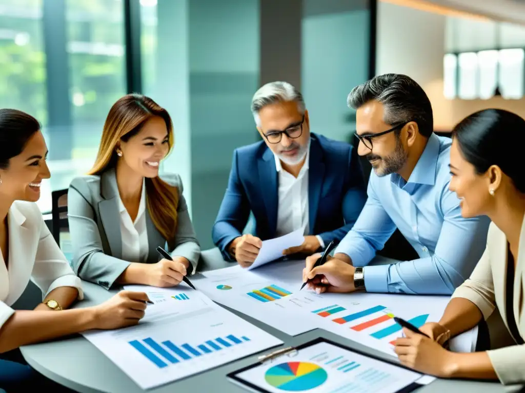 Profesionales colombianos discutiendo análisis financiero Un grupo diverso de profesionales colabora en una oficina moderna en Colombia, discutiendo sobre la tributación de dividendos en 2023