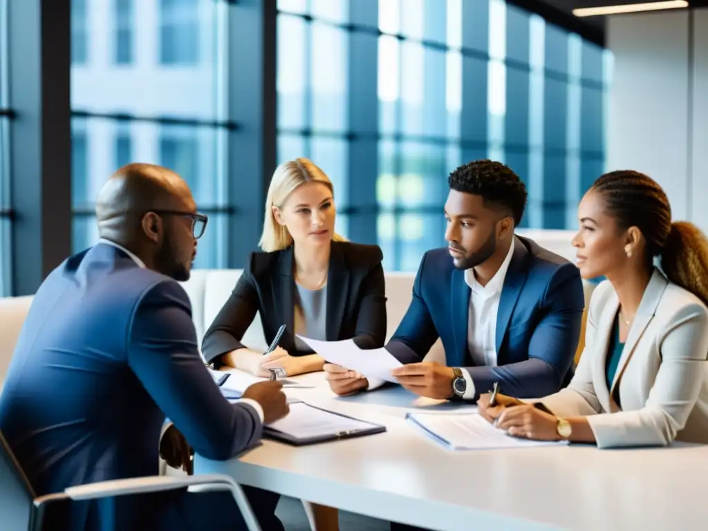 Profesionales debatiendo estrategias fiscales en oficina moderna Un grupo diverso de profesionales colabora en técnicas de recuperación de IVA e IEPS en una oficina moderna y dinámica