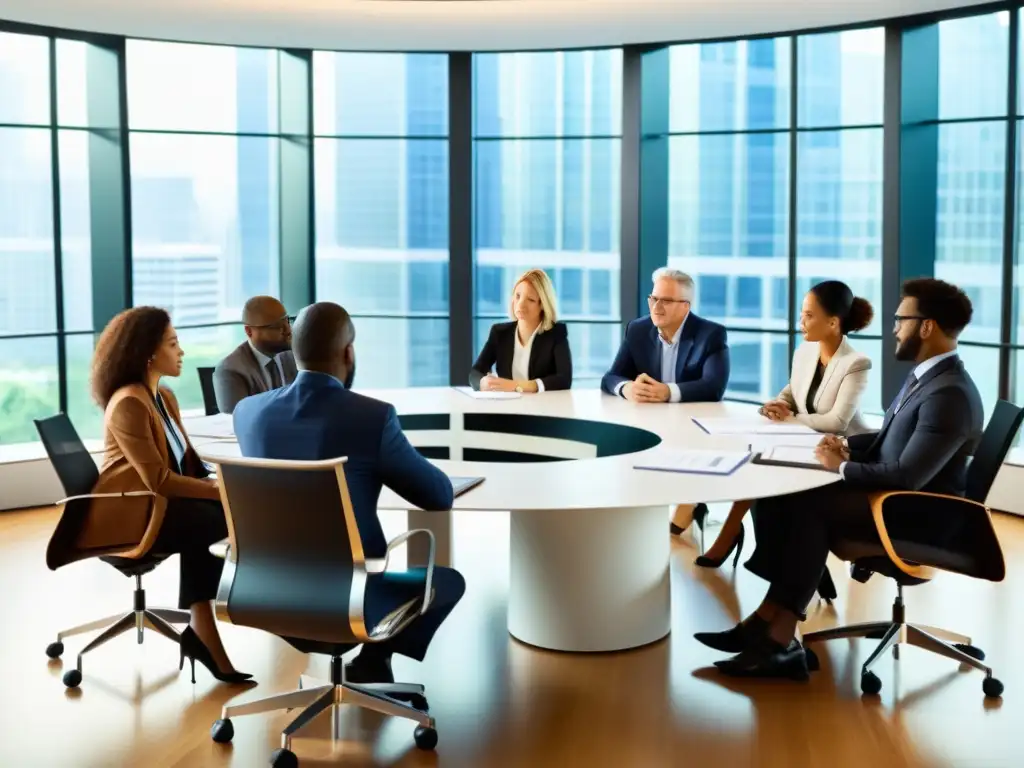 Conversación experta sobre capacidad contributiva Un grupo diverso de profesionales debaten en torno a una mesa con documentos y gráficos en una moderna sala de conferencias iluminada por luz natural