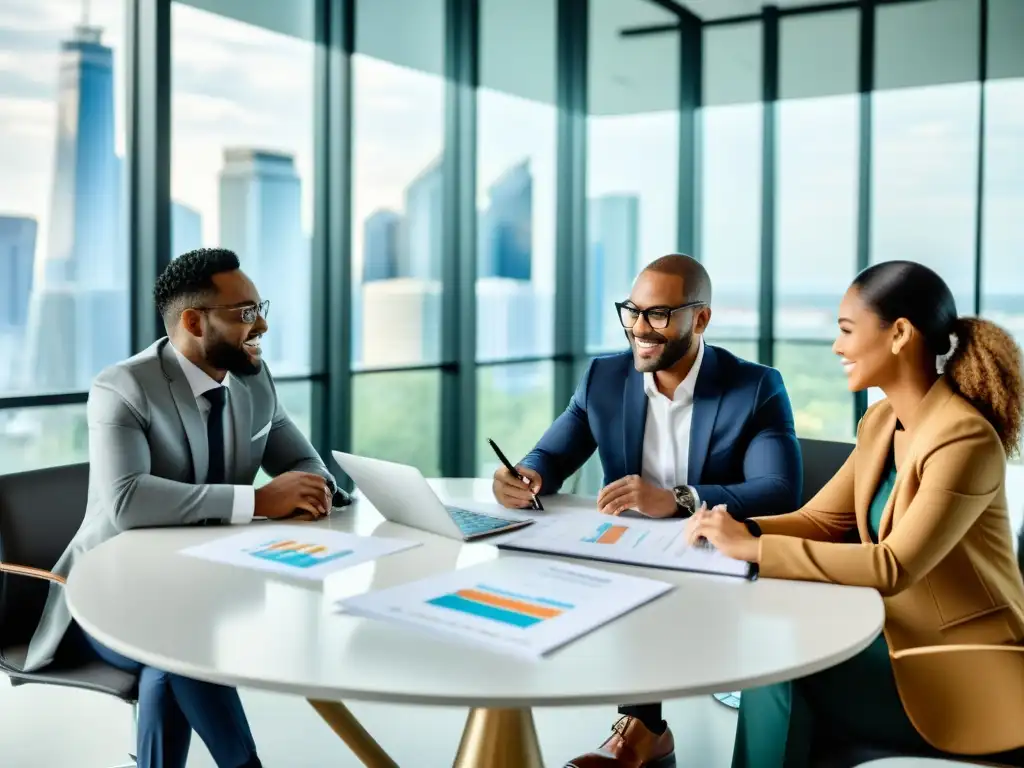 Emprendedores discutiendo estrategias fiscales Un grupo de emprendedores diversificados colabora en estrategias de optimización fiscal en una moderna oficina
