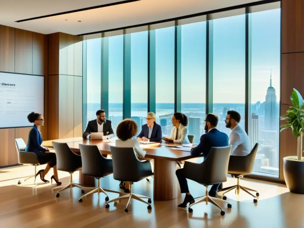 Consejo de impuestos para pymes: colaboración y determinación Grupo de emprendedores y empleados discuten con asesor fiscal en una sala moderna