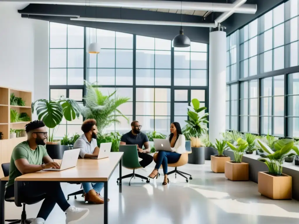 Emprendedores colaborando en un espacio coworking innovador Grupo de emprendedores colaborando en un espacio de coworking moderno con luz natural, mobiliario minimalista y equipo de alta tecnología