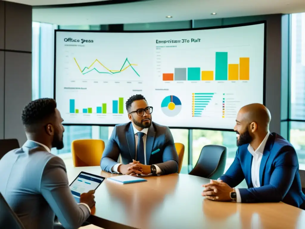 Emprendedores diversificados planificando estrategias financieras Grupo de emprendedores diversos discutiendo estrategias financieras y optimización fiscal en una oficina moderna