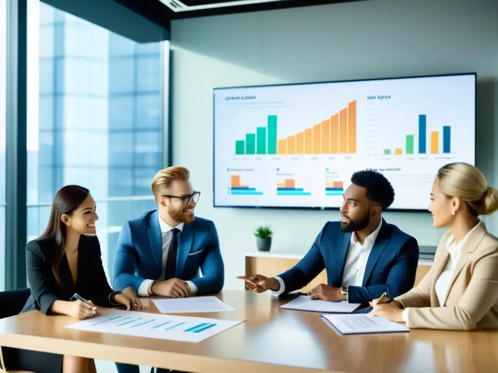 Reunión de emprendedores innovadores en oficina moderna Un grupo de emprendedores discutiendo estrategias financieras y beneficios fiscales para startups en una oficina moderna y luminosa