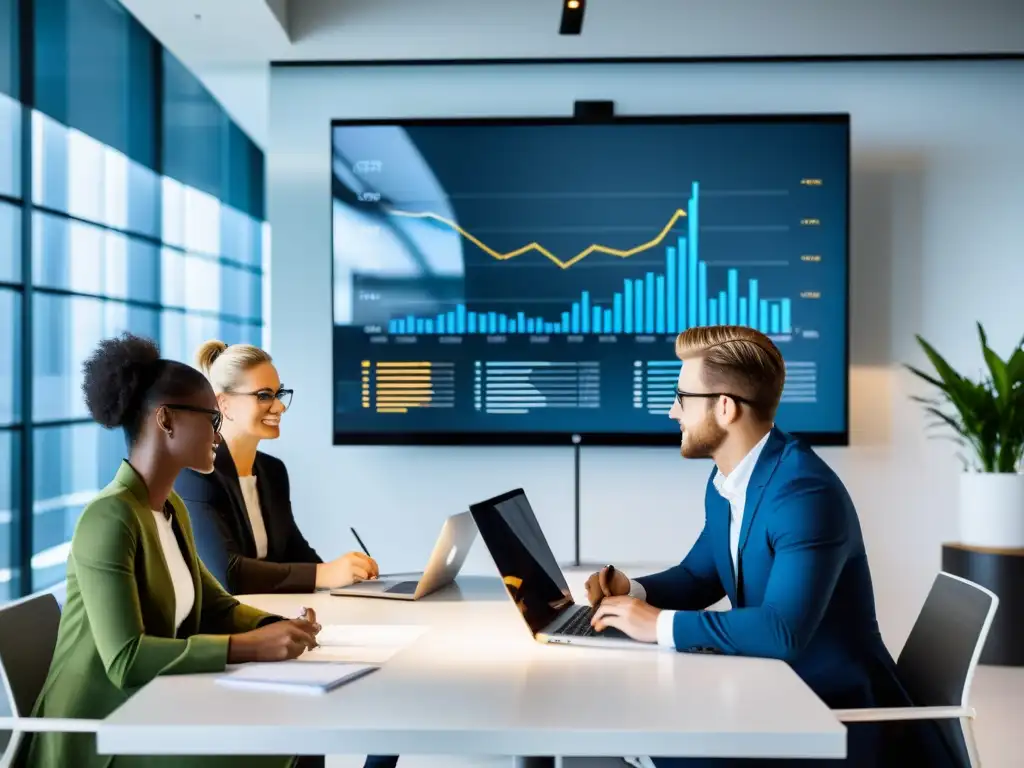 Jóvenes emprendedores planificando el éxito financiero en México Un grupo de emprendedores discute estrategias financieras en una oficina moderna con luz natural
