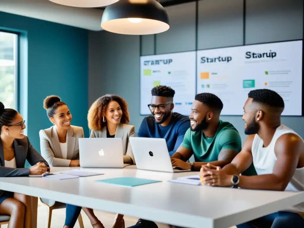 Jóvenes emprendedores en sesión de brainstorming Un grupo de emprendedores se reúne en una oficina moderna, brainstorming y discutiendo estrategias de negocios