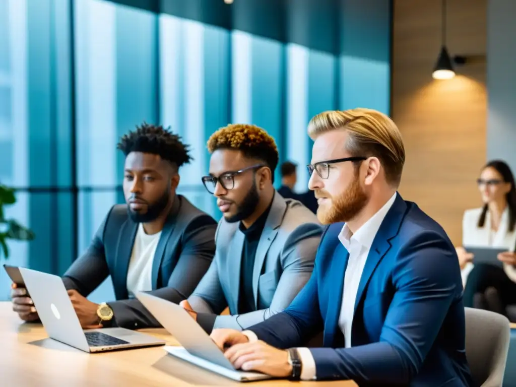 Reunión de emprendedores: análisis fiscal en la era digital Grupo de emprendedores discutiendo regulaciones fiscales para negocios digitales en una oficina moderna y profesionalmente iluminada