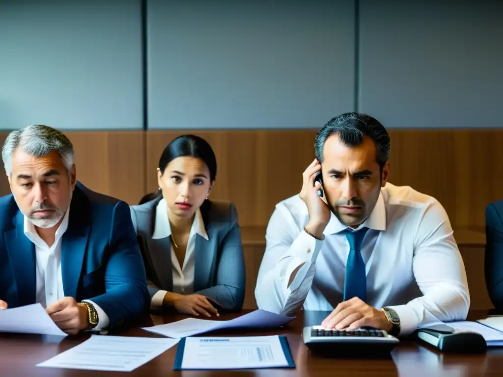 Preocupación empresarial por El Escorial: Reunión tensa en la oficina Grupo de empresarios preocupados discuten las consecuencias fiscales del caso El Escorial en moderna oficina