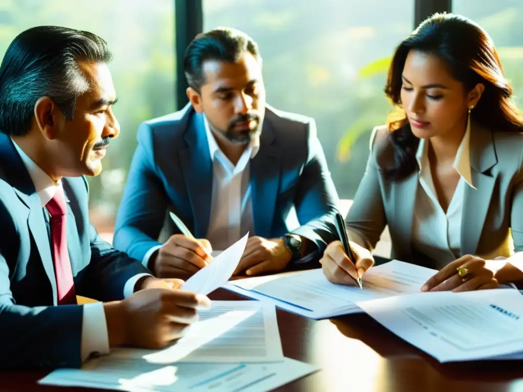 Expatriados colombianos revisando documentos fiscales con profesionalismo Grupo de expatriados colombianos revisando documentos fiscales y discutiendo obligaciones tributarias