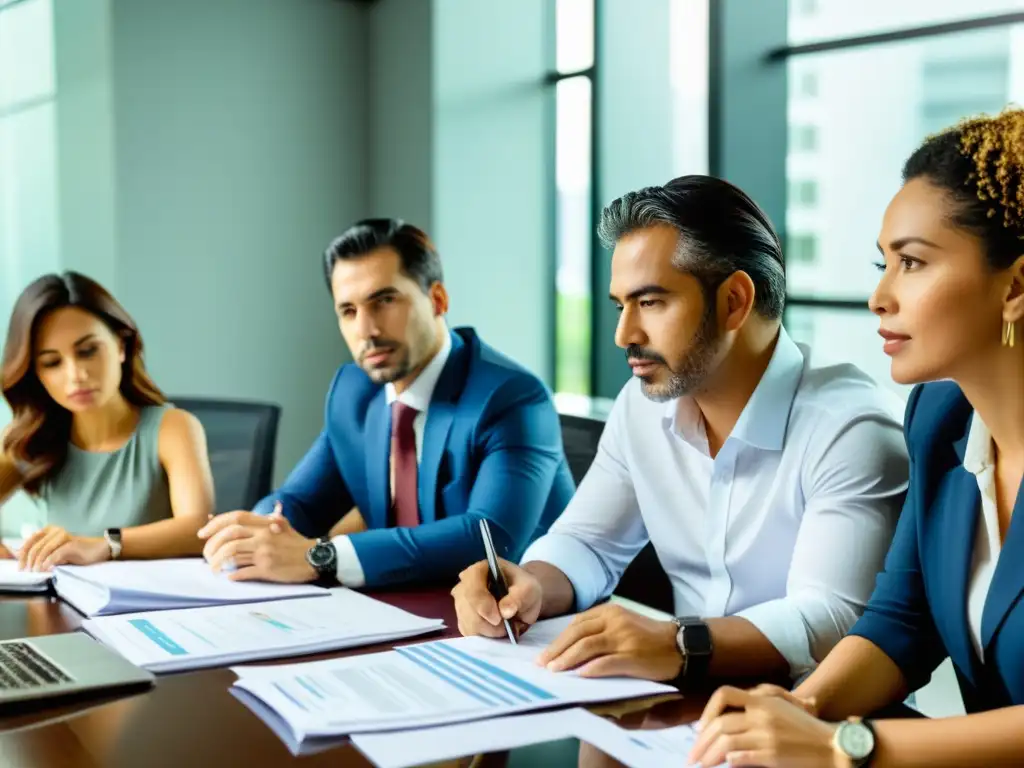 Expatriados colombianos colaborando en asuntos financieros Grupo de expatriados colombianos revisando obligaciones tributarias con determinación en una oficina moderna, mostrando colaboración y profesionalismo