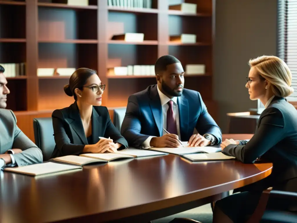 Abogados en intensa discusión: determinación y rigor profesional Un grupo de profesionales del derecho debatiendo en una moderna sala de conferencias, rodeados de libros y documentos legales