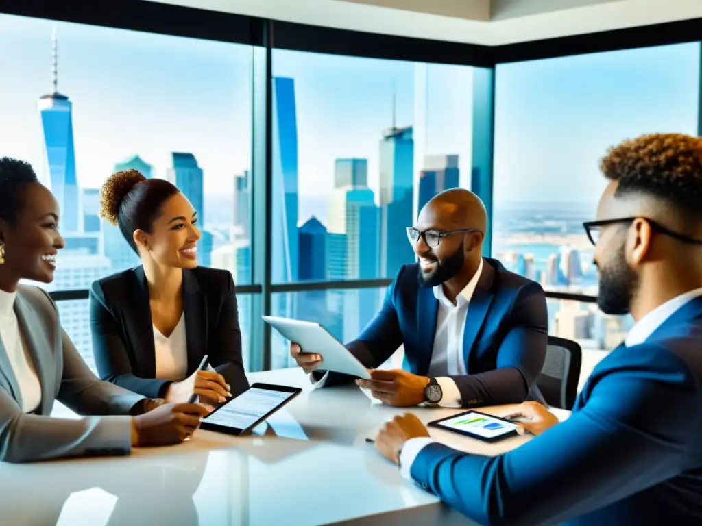 Estrategias de Optimización Fiscal: Debate Profesional Un grupo de profesionales colaborando en estrategias de optimización fiscal para emprendedores, en una sala moderna con vista a la ciudad