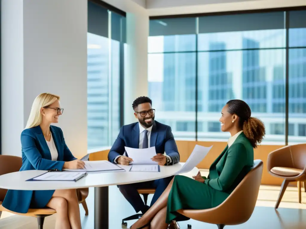 Profesionales de impuestos colaborando en un ambiente dinámico y moderno Un grupo de profesionales fiscales colaborando en una oficina moderna
