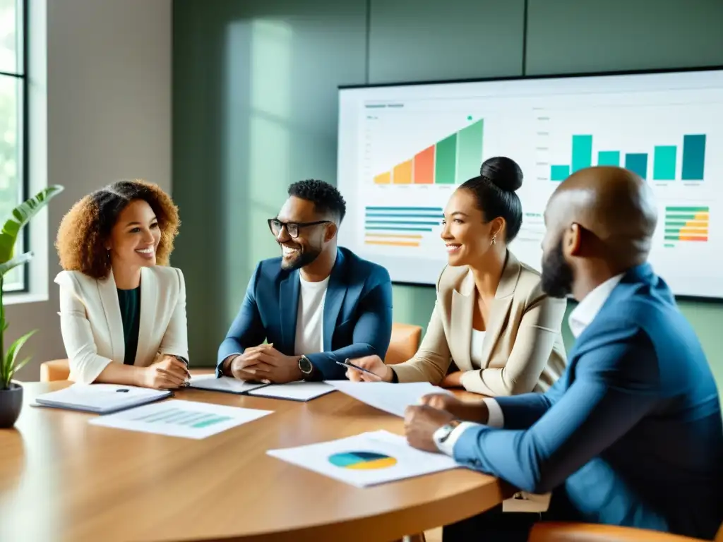 Reunión de profesionales en debate estratégico Un grupo de profesionales de negocios diverso discutiendo estrategias fiscales para pymes en una sala con decoración moderna y mucha luz natural