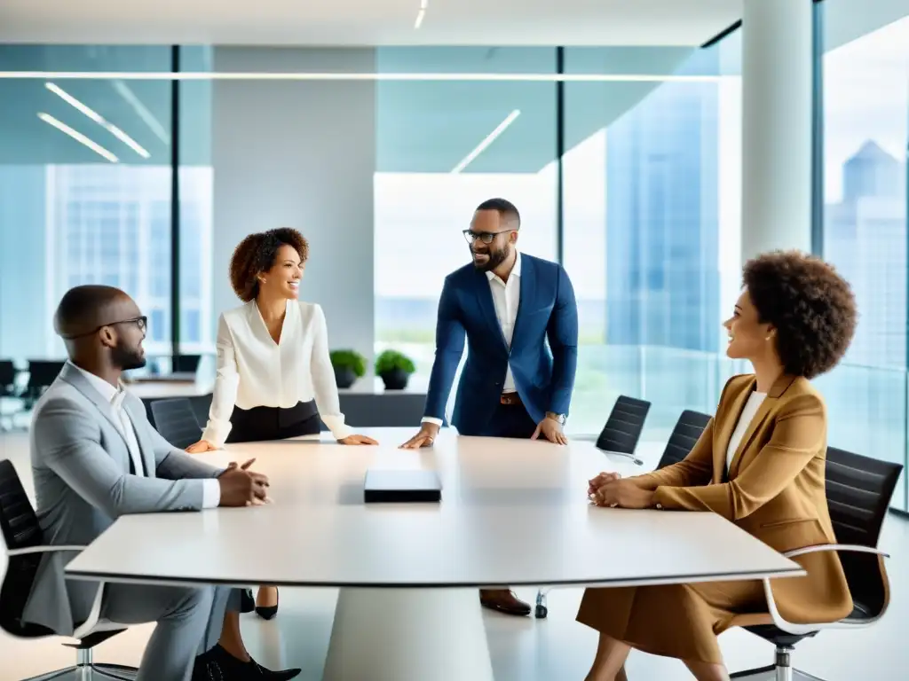 Profesionales dinámicos en reunión de innovación Un grupo de profesionales colaborando en una oficina moderna