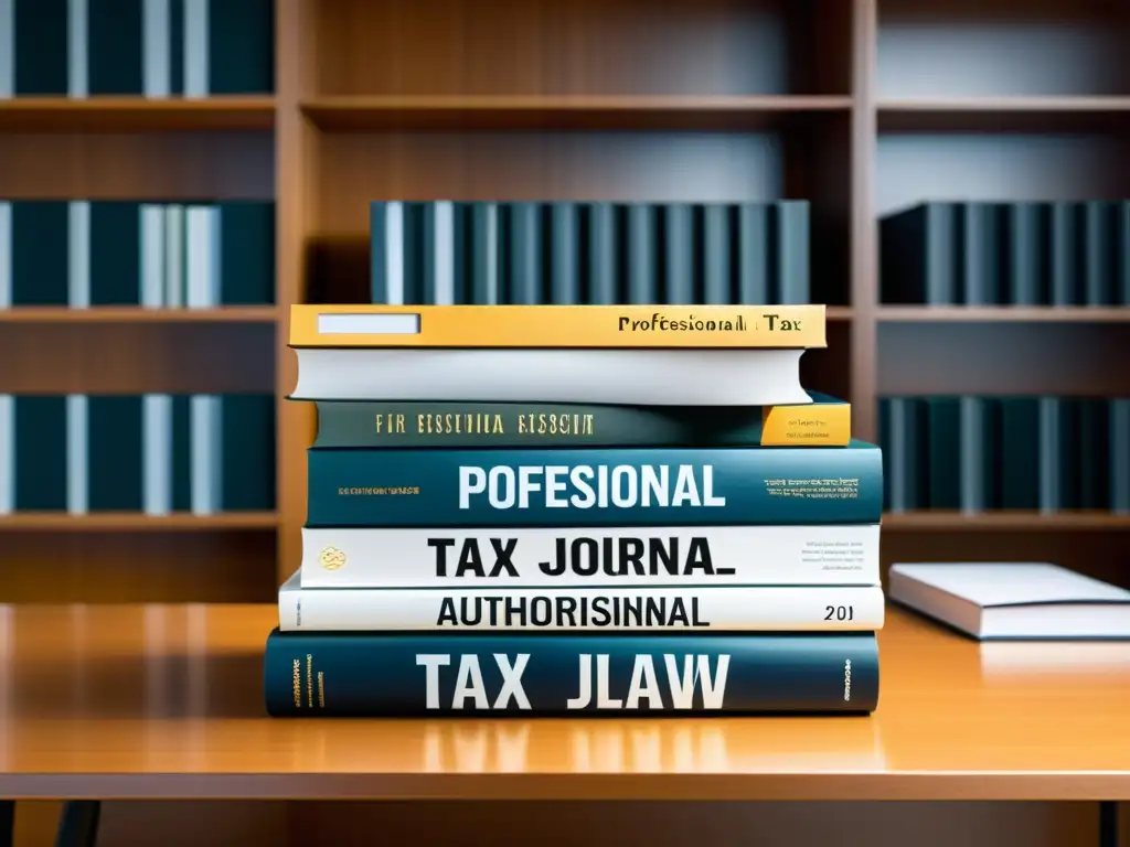 Revistas de Leyes Fiscales: Profesionalismo y Elegancia Un grupo de revistas profesionales de derecho tributario, ordenadas sobre un elegante escritorio iluminado por luz natural