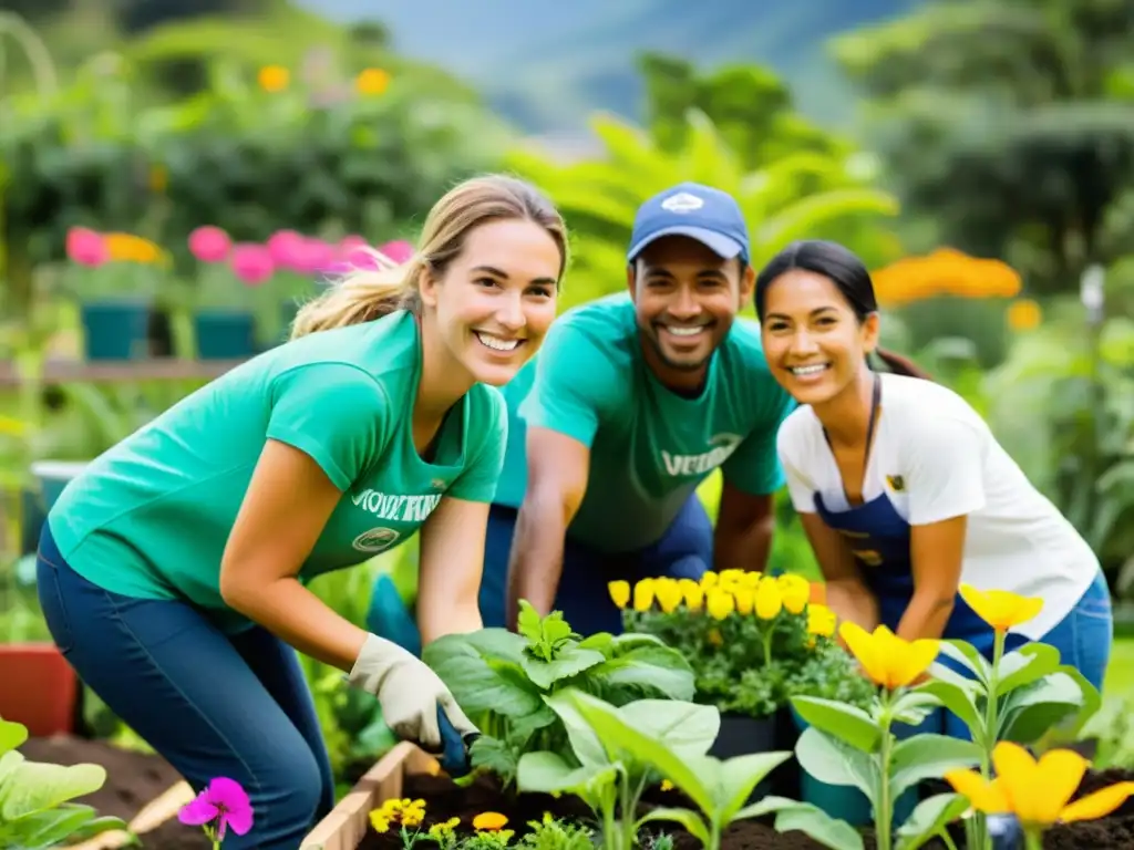 Voluntarios felices en un jardín comunitario en Colombia Grupo de voluntarios trabajando en un jardín comunitario, rodeados de flores y vegetación exuberante, resaltando los beneficios del régimen tributario especial para entidades sin ánimo de lucro en Colombia