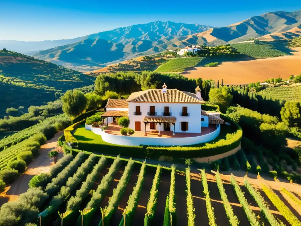 Hacienda andaluza: legado próspero en los viñedos Una hacienda andaluza rodeada de viñedos y olivares, bañada por la cálida luz dorada