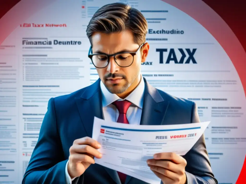 Examinando Obligaciones Fiscales en España Un hombre de negocios examina detenidamente documentos financieros y legales con términos fiscales en español, mostrando preocupación