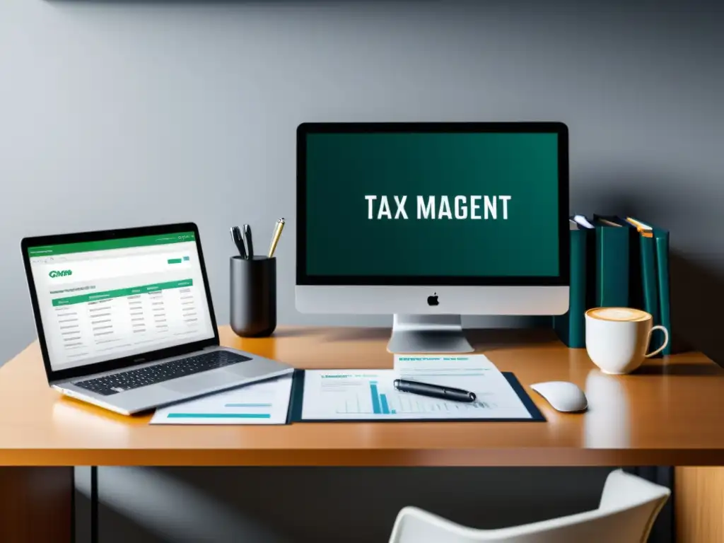 Oficina moderna y organizada con software de gestión fiscal Hombre de negocios trabajando en su escritorio con herramientas de gestión tributaria para auditorías internas