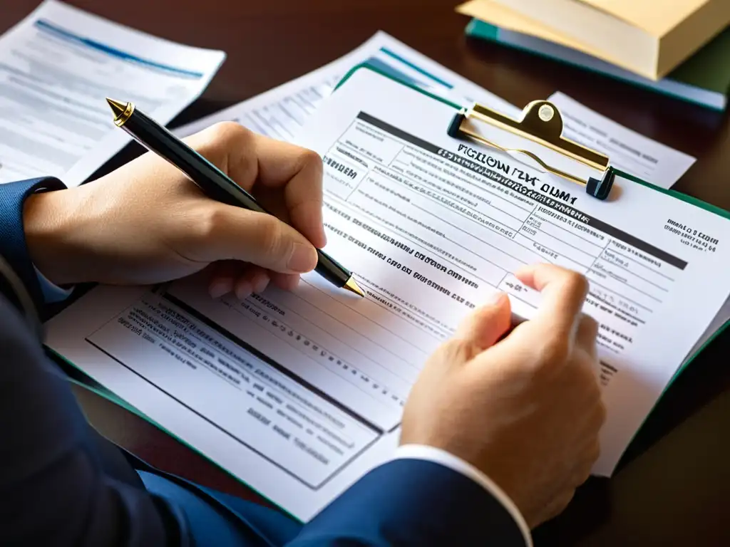Persona diligente completando formularios fiscales Un hombre en traje completa meticulosamente formularios de impuestos federales