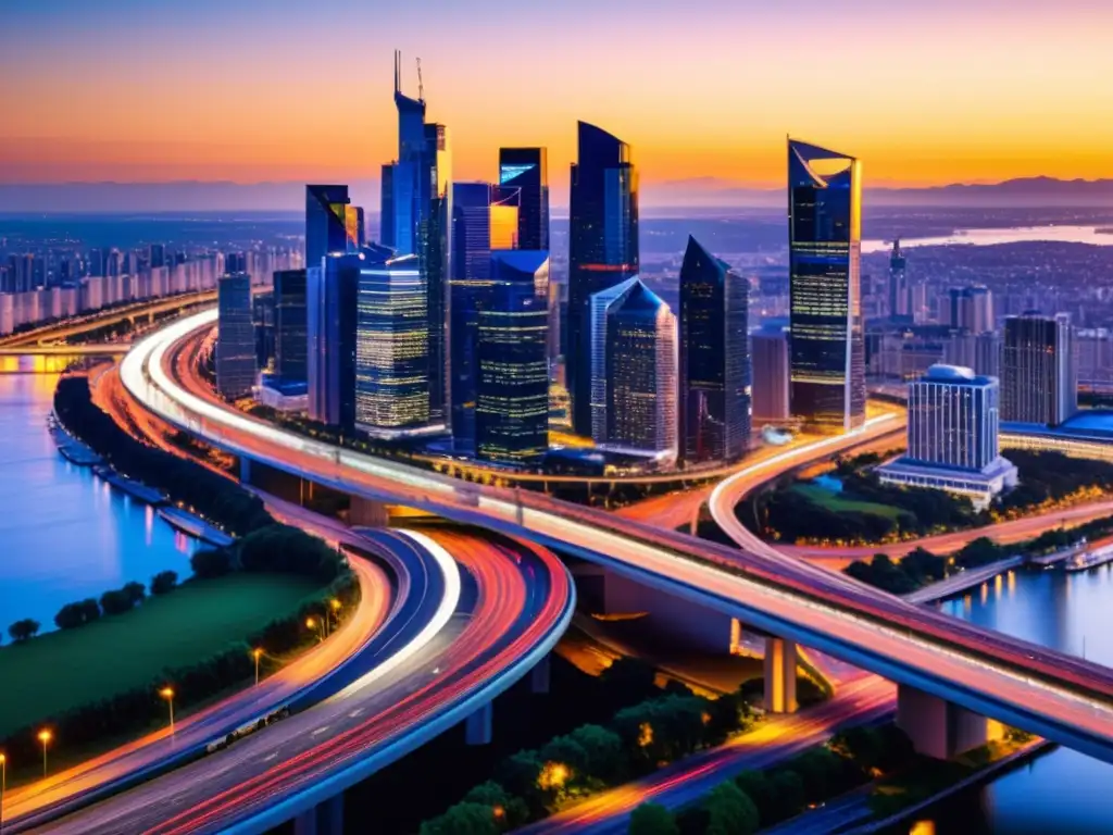 Horizonte urbano al atardecer: negocio y finanzas en acción Horizonte de la ciudad en atardecer, reflejando la calidez del sol