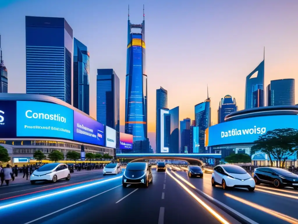 Horizonte urbano futurista en la hora azul con comercio digital El horizonte de una ciudad bulliciosa al atardecer, con rascacielos futuristas iluminados contra un cielo crepuscular