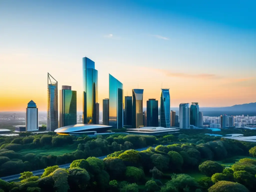 Horizonte urbano futurista: innovación y armonía Un horizonte de ciudad futurista con imponentes edificios de cristal reflejando la luz dorada del atardecer, entre exuberante vegetación y cielo azul