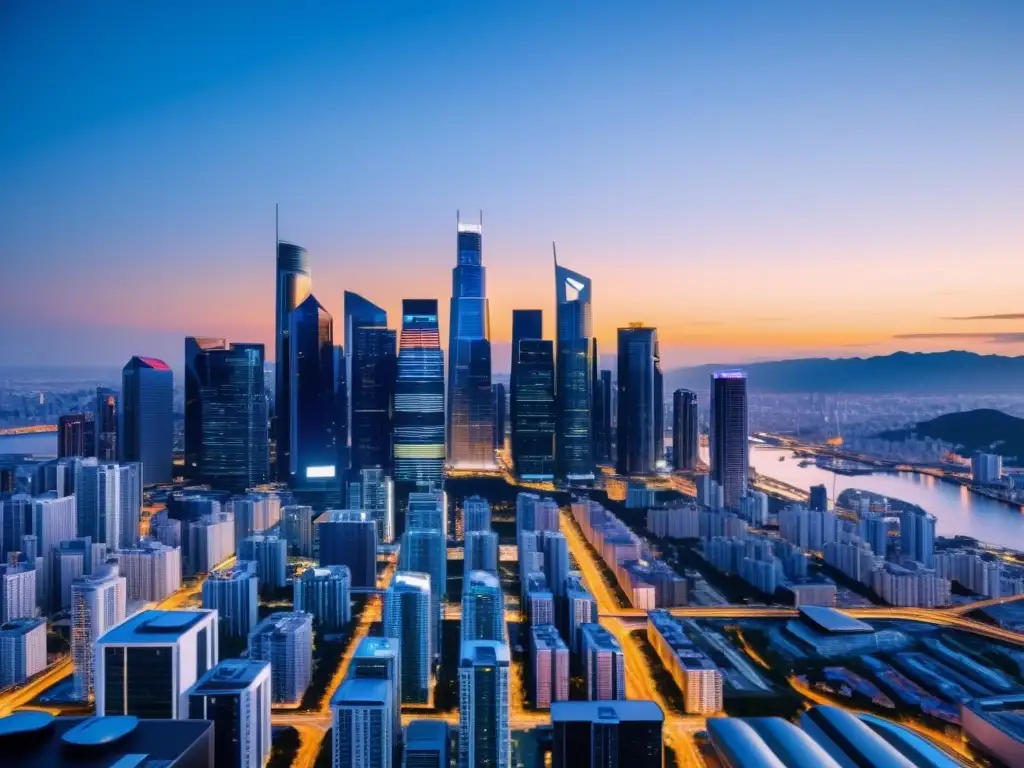 Metropolis futurista y segura: tecnología avanzada y protección de datos Horizonte de ciudad futurista con tecnología avanzada y seguridad integrada