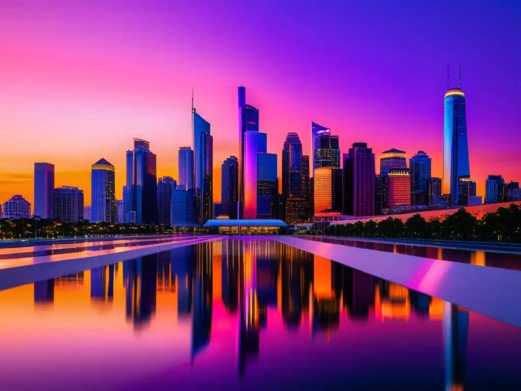 Esplendor urbano al atardecer: luces y colores en la ciudad moderna Horizonte urbano moderno al atardecer, reflejando el cálido sol