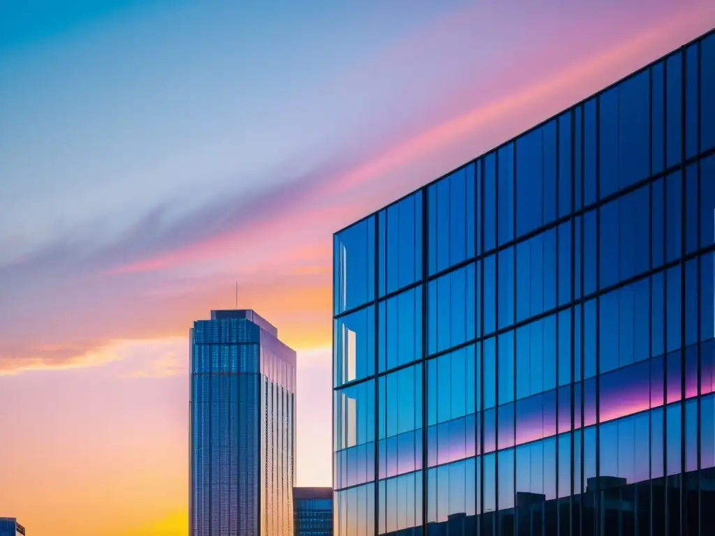 Horizonte urbano moderno al atardecer: símbolo de éxito financiero y prosperidad Horizonte urbano moderno con rascacielos altos y oficina contemporánea reflejando el atardecer