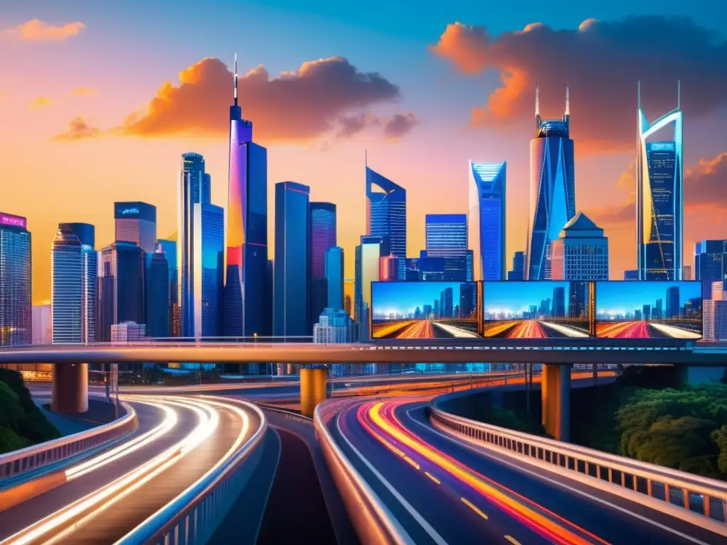 Horizonte urbano digital en atardecer: tecnología, economía y taxación Horizonte urbano moderno al anochecer, con rascacielos iluminados y vías brillantes