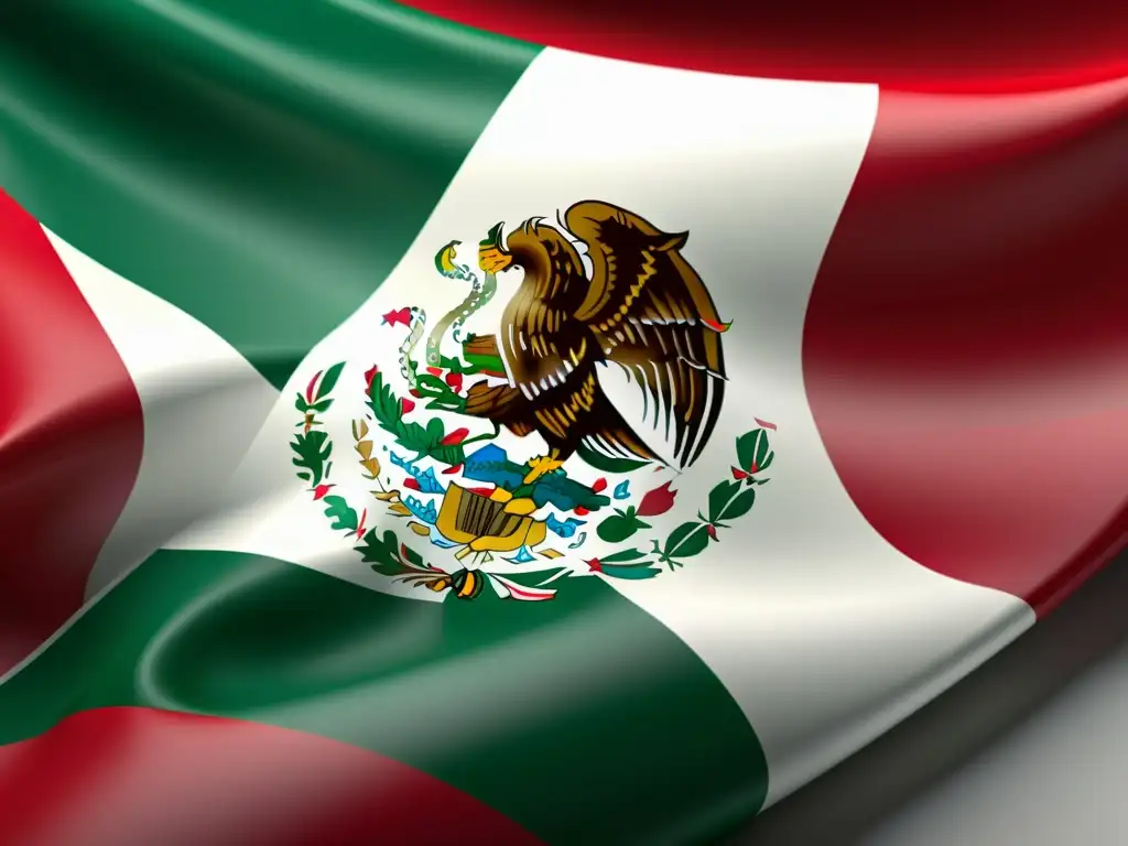 Ilustración detallada de la bandera de México con un giro moderno Una ilustración detallada de la bandera mexicana ondeando con gracia, representando el principio de pluralidad en Derecho Fiscal con colores vibrantes y patrones intrincados que reflejan el orgullo nacional y la rica herencia cultural de México
