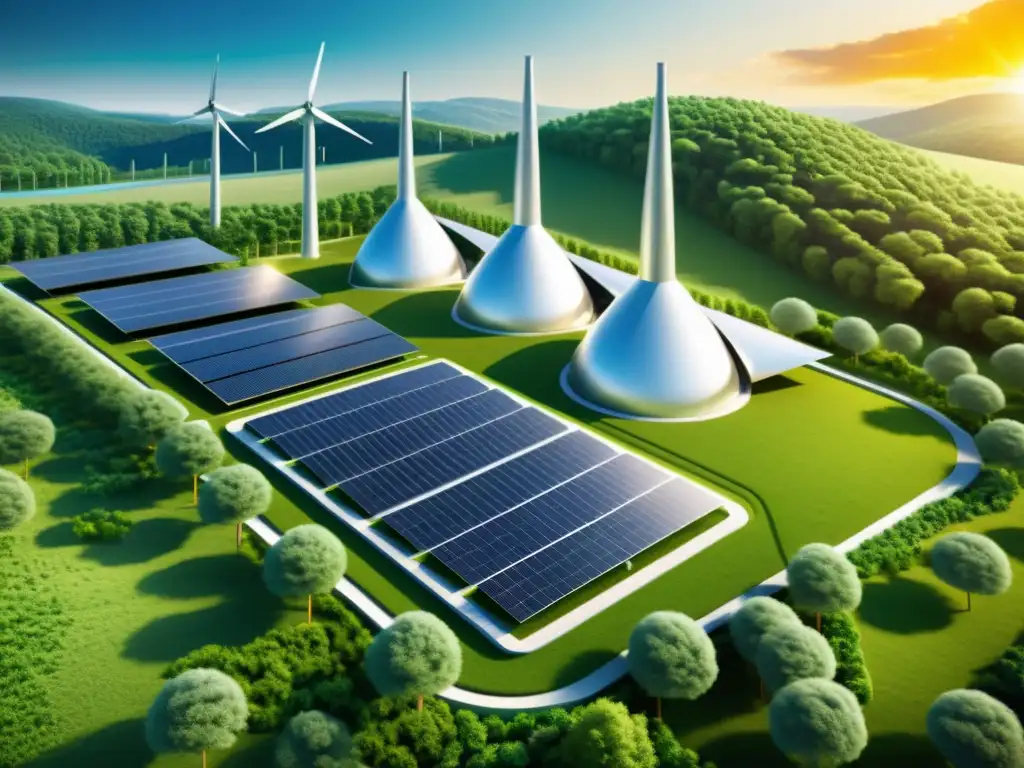Planta de energía moderna y sostenible en la naturaleza Una ilustración detallada de una moderna y eficiente planta de energía, integrada en la naturaleza con fuentes renovables