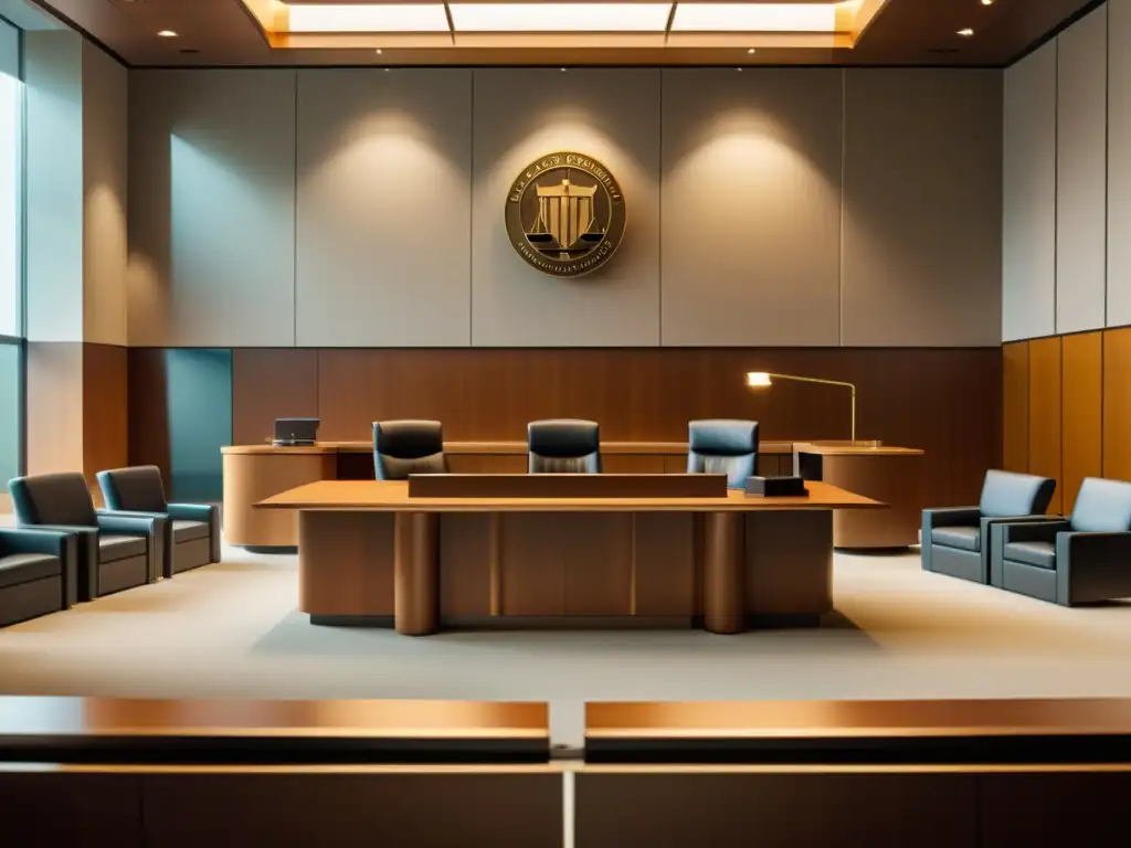 Sala de Audiencias Moderna: Escena Legal Profesional Una ilustración detallada de una sala de audiencias en miniatura con diseño moderno y mobiliario minimalista