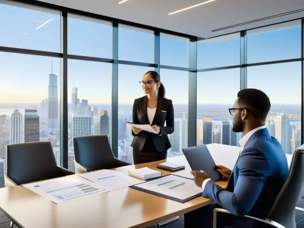 Optimización fiscal: colaboración empresarial Una ilustración detallada de una sesión de estrategia de optimización fiscal para emprendedores, con un contador profesional guiando a un grupo diverso en un elegante espacio de oficina contemporáneo con vista a la ciudad